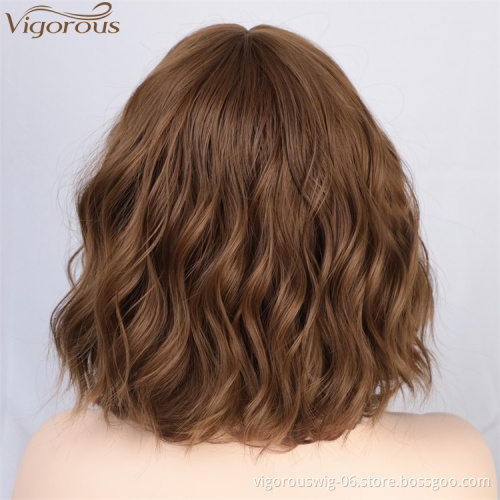 Vigorous 14 Inches Brown Short Wavy Synthetic Bob Wigs With Bangs Heat Resistant Fiber Cosplay Wig Fashion Girl Women